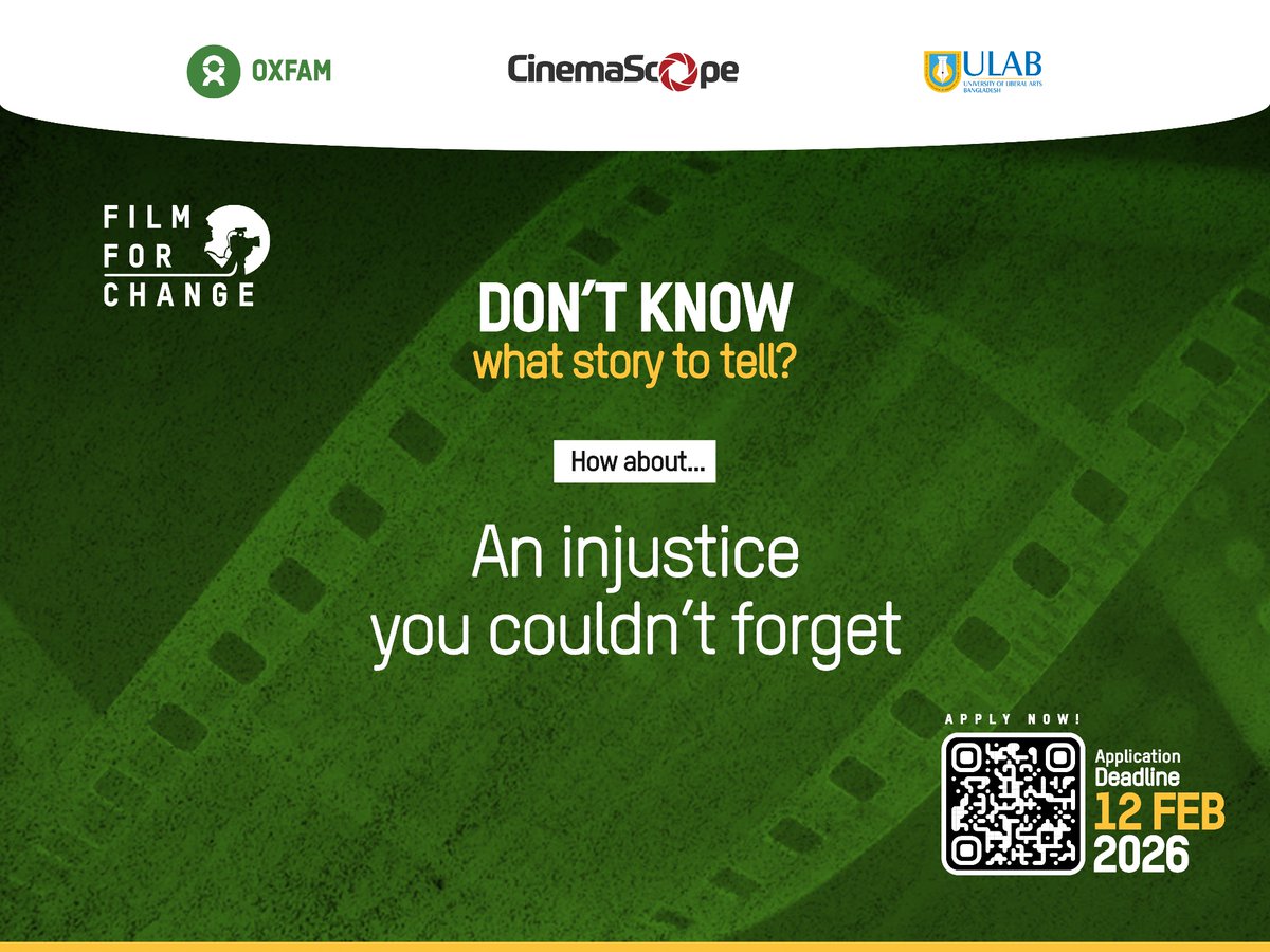 FilmFor70260's tweet photo. Need inspiration?
Dive into these story prompts and let your narrative unfold.
Apply now : https://t.co/OOEhcKyiKW 
Deadline: 12 February

#FilmForChange #CinemaScope #OxfamBangladesh #StudentFilmmakers #SocialImpactCinema https://t.co/AunDKVY2bU