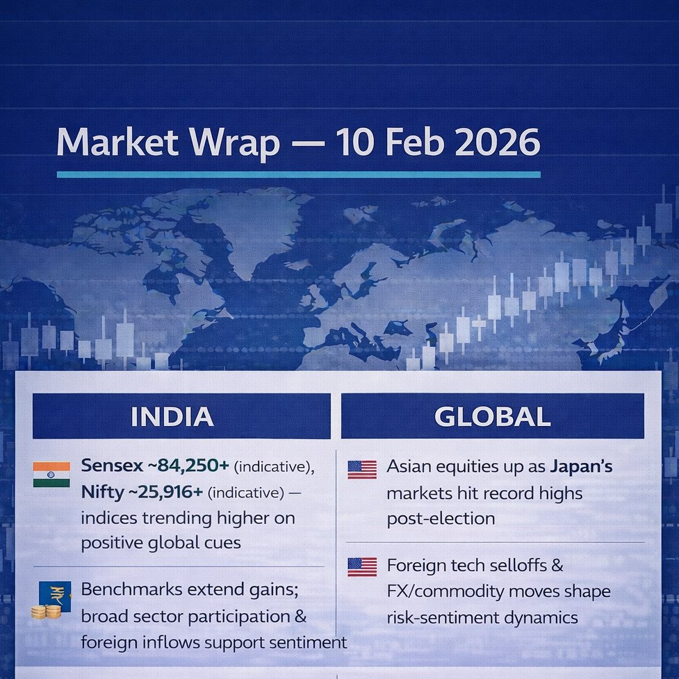 TradeVisto's tweet photo. 10 Feb 2026: Sensex ~84,250+, Nifty ~25,916+ (indicative) extend gains as Japan’s Nikkei hits record highs post‑election; Asian markets rally while tech flows shift. #MarketWrap #IndiaStocks #Sensex #Nifty #AsiaMarkets #JapanRecord What’s your outlook? https://t.co/mv2hWc4Fji