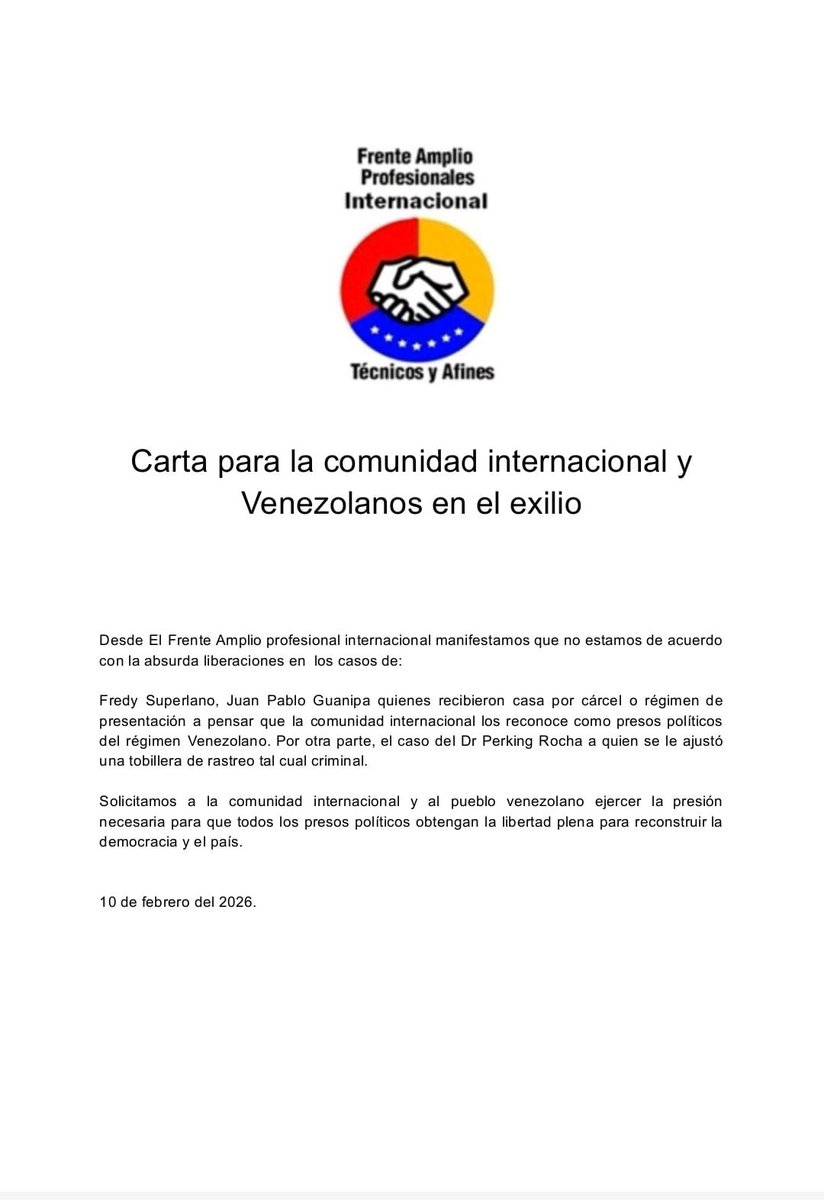 COMUNICADO

Desde El  FAPI, manifestamos nuestro apoyo en vista de  la absurda liberacion en  los casos de:

Fredy Superlano, Juan Pablo Guanipa Dr Perking Rocha 

Por tanto, Libertad plena para todos los presos politicos. #mariacorinamachado #VenezuelaLibre #FAPI