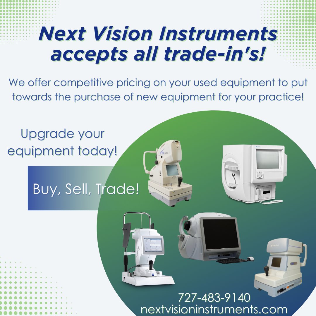 NextVision_'s tweet image. Did you know that we accept trade-in’s? 📢 Reach out and upgrade your equipment today! 😉

727.483.9140 or sales@nextvision2020.com

#NextVisionInstruments #eyecare #eyedoctor #optometrist #eyeexam #ophthalmologist