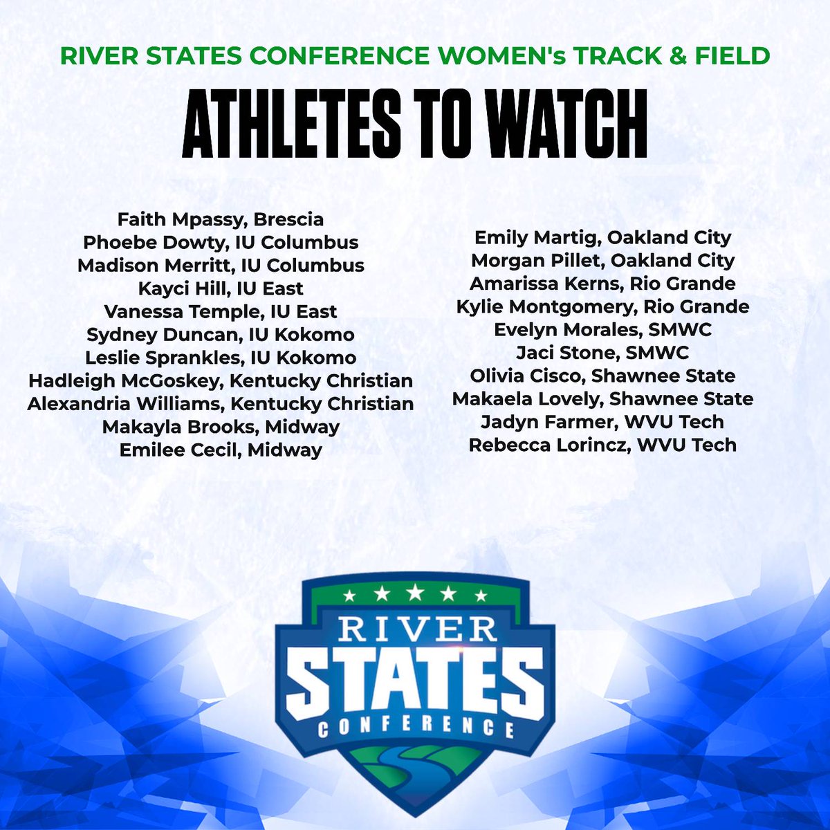 RiverStatesConf's tweet photo. The RSC will look at track &amp; field season today, spotlighting teams and athletes from across the conference!

Today, we unveil our track &amp; field Athletes to Watch, with athletes from each conference school recognized!

Stay tuned for Media Days throughout the day! https://t.co/DuhpyczwF9