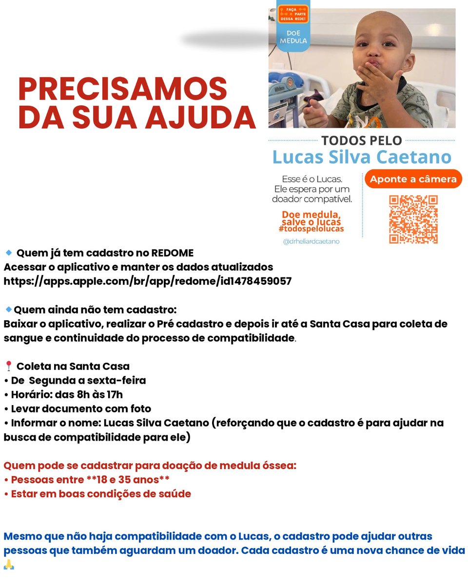 BStays vou pedir uma ajuda aqui: o filho do meu professor da faculdade está na luta contra a Leucemia Mieloide Aguda,um câncer agressivo e de progressão rápida na medula óssea e busca por um doador compatível 
Sendo um doador ou compartilhando seria de grande ajuda nesse momento+
