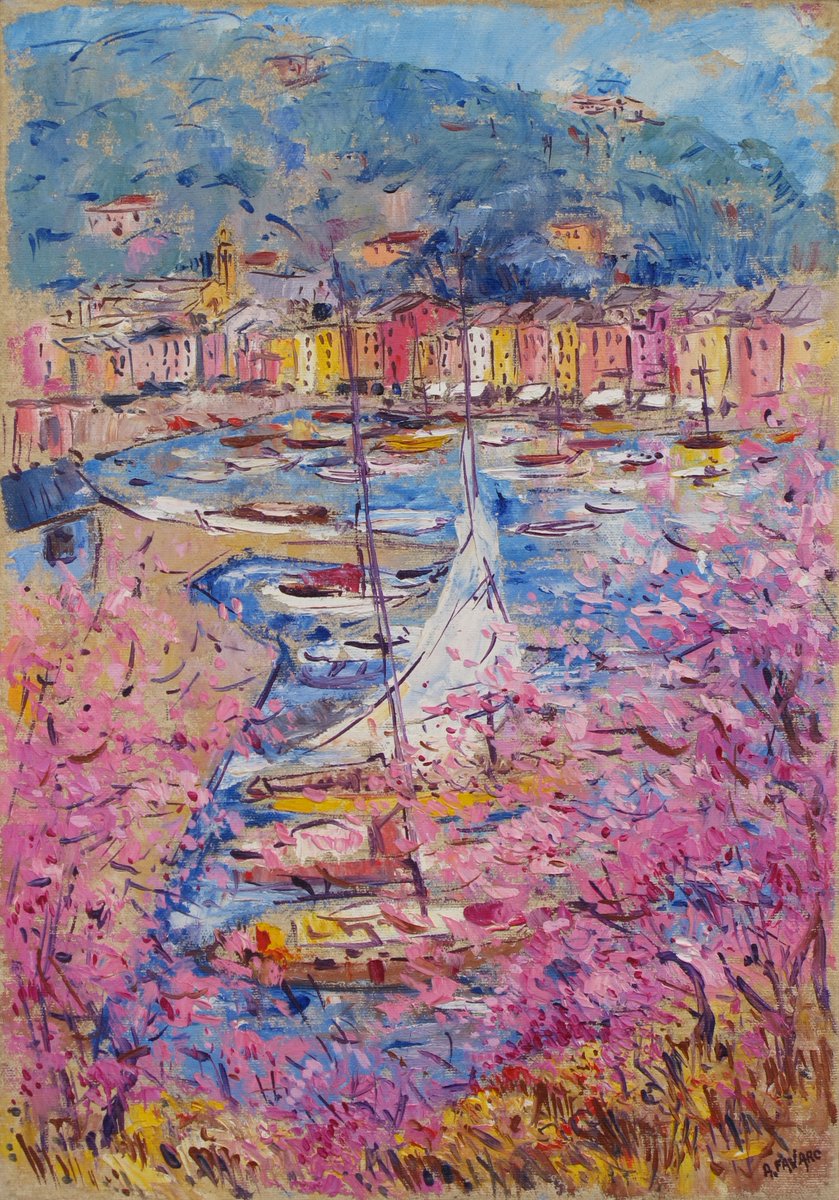 Un mio dipinto ad olio su tela ruvida, " Portofino ", cm 35x50, dell'anno 1994.