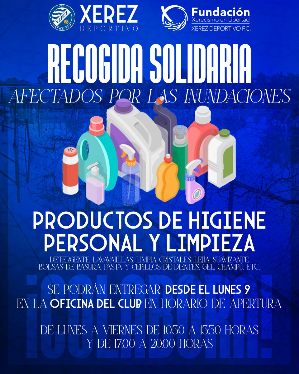 🤝 RECOGIDA SOLIDARIA | PRODUCTOS DE HIGIENE Y LIMPIEZA

Desde el #XerezDeportivo nos sumamos a la ayuda para las personas afectadas por las inundaciones.

📦 Estamos recogiendo productos de limpieza e higiene personal, especialmente:

🧼 gel y champú
🪥 pasta y cepillos de
