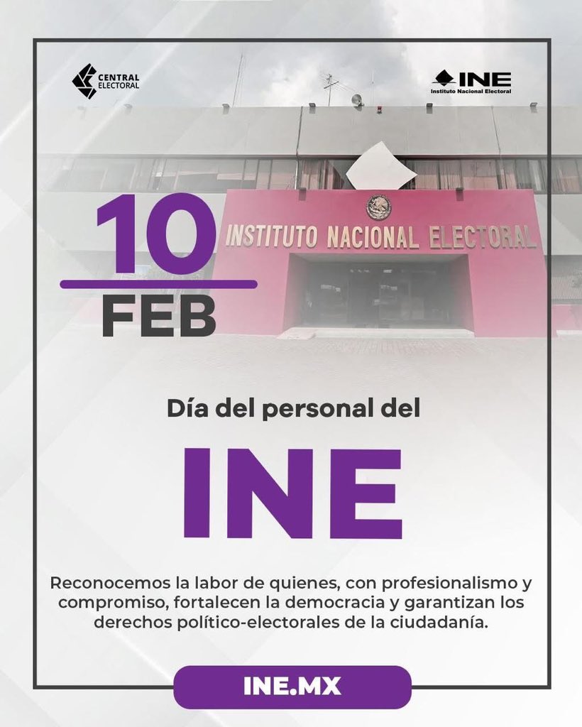 10 de febrero | Día del Personal del #INE🗳️✨

Reconocemos el compromiso y la labor de todas y todos quienes fortalecen nuestra democracia cada día. ¡Gracias por su entrega! 🇲🇽