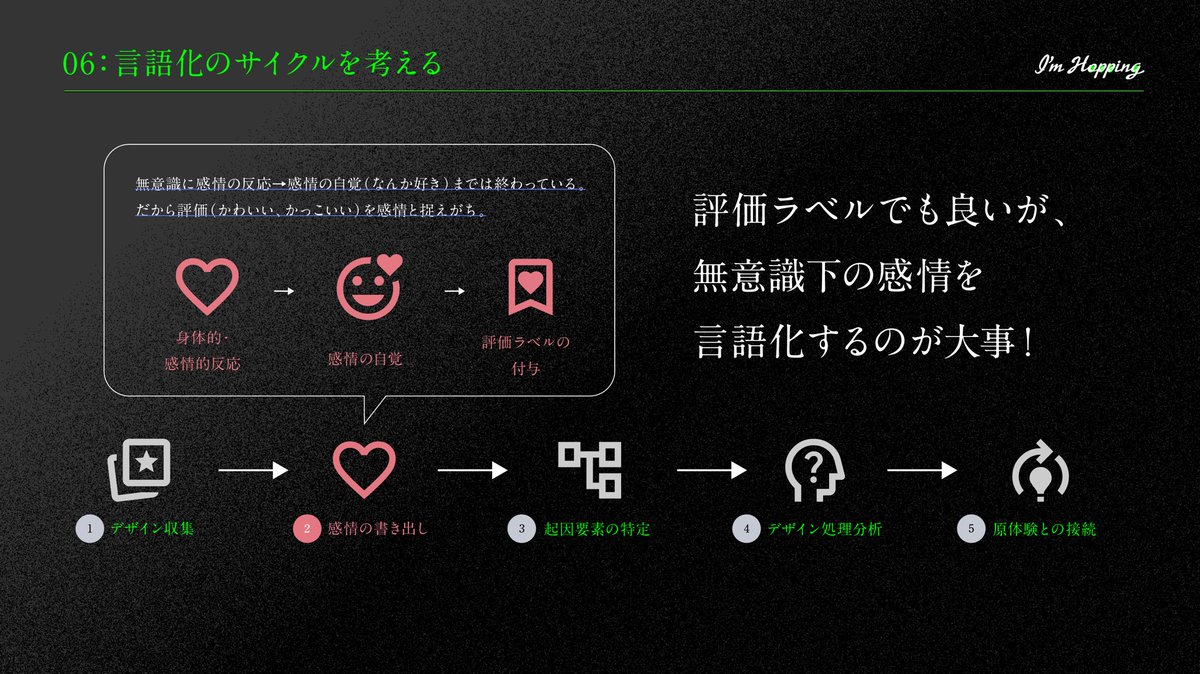 デザイン言語化シートを
ブラッシュアップ中🙄

感情を書き出すって今まで自分では普通にやってたんだけど、そこに評価ラベルが入ってると、後々の分析が難しくなることが、最近FBあったんだよね。

無意識に感じたことを言葉にするってやっぱり難しいんだなー。