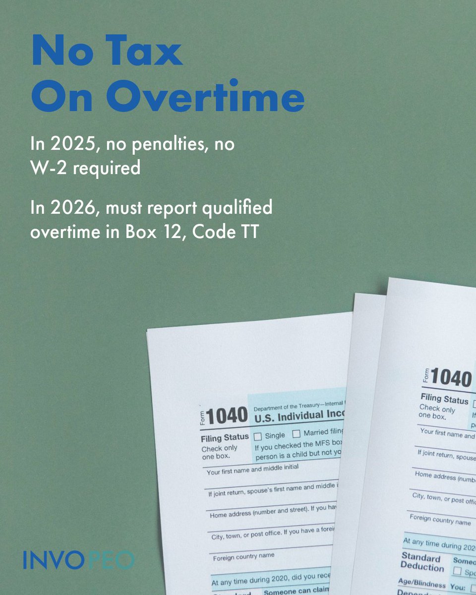 INVO_PEO's tweet photo. Tax season is upon us and overtime just got more interesting.
No tax on qualified overtime in 2025 with new reporting rules coming in 2026. Now’s the time to get ahead.

Learn how it impacts your business with INVO PEO.
#TaxSeason #OvertimePay #PayrollCompliance #INVOPEO https://t.co/OOjhDQvJHO