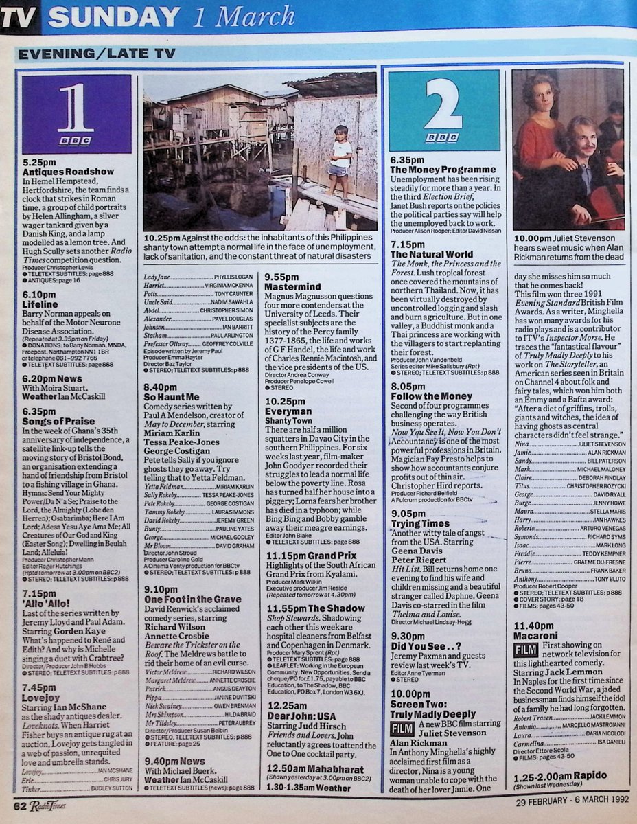 TvDidYouSee's tweet photo. #OnThisDay 1 March 1992 📺TV Listings
#JulietStevenson and #AlanRickman star in Anthony Minghella's acclaimed film TRULY, MADLY, DEEPLY.
#DavidJason brings the second series of THE DARLING BUDS OF MAY to a close.
Why is Michelle singing a duet with Crabtree in 'ALLO 'ALLO? https://t.co/lvYkCX4mEr