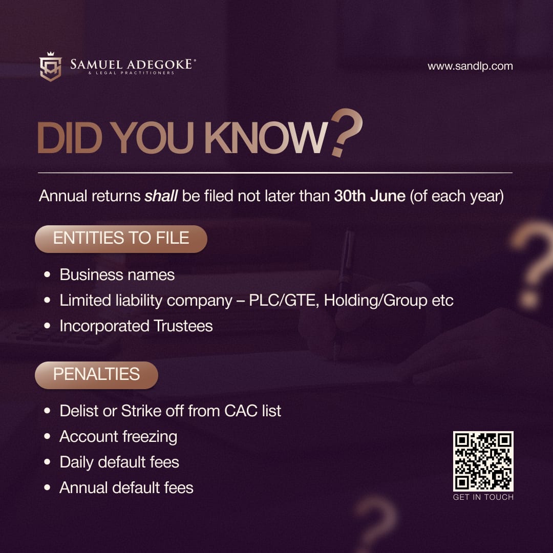 samueladegokeLP's tweet photo. Running a business is hard. Filing CAC annual returns doesn't have to be
.
Stay compliant. We'll handle your annual returns.

#annualreturns #corporateaffairscommission #business #compliance https://t.co/Ox1kp32DHo