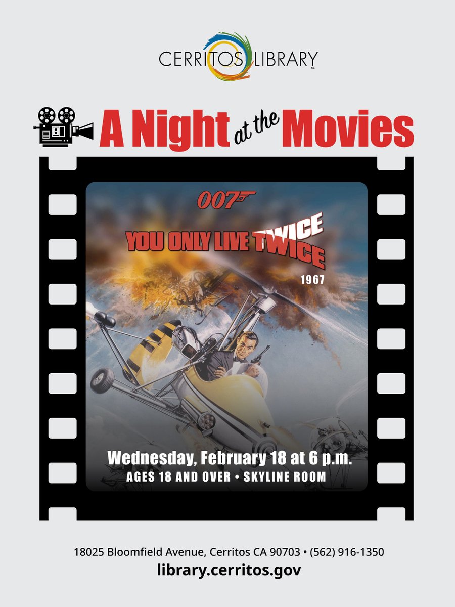 Join the City of Cerritos at 6 p.m. on Wed., Feb. 18 at the Cerritos library as Theo Siegel discusses the making of "You Only Live Twice,” starring Sean Connery, followed by a screening of the film. This film is rated PG with a running time of 117 minutes. Ages 18 and older.