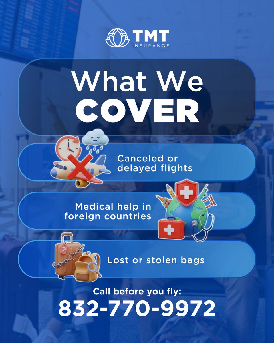 TMT_Insurance's tweet photo. Are you planning a big trip to visit family or see the world? Travel insurance protects you if your flight is canceled or if you get sick while you are away. It is a small cost to protect your hard earned vacation money. 

📞 TMT Hotline: : 832-770-9972 https://t.co/8Rg458ifOJ