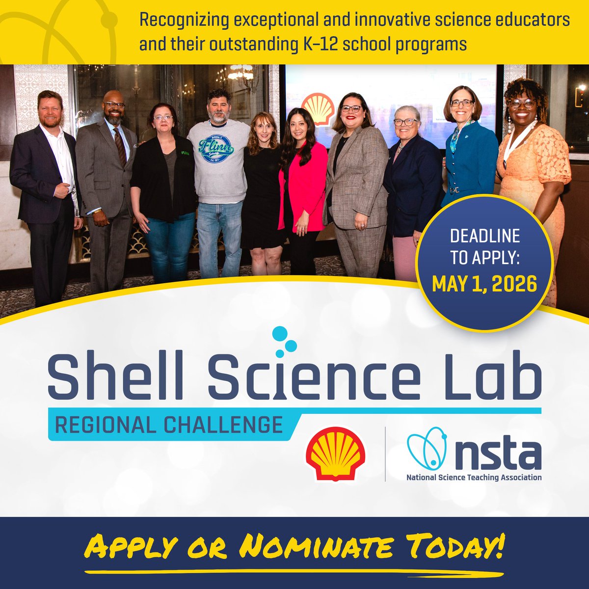 NSTA's tweet image. 🚨 Applications OPEN! 🚨 The Shell Science Lab Regional Challenge recognizes K–12 teachers innovating with limited lab resources.

🏆 Up to $20,000 in lab makeover prizes!

👉 Apply now: bit.ly/4ciDazk
#STEMEd #ShellScienceLabChallenge