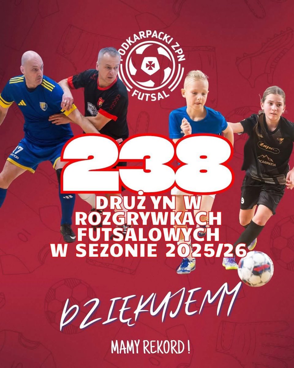 𝗡𝗢𝗪𝗬 𝗙𝗨𝗧𝗦𝗔𝗟𝗢𝗪𝗬 𝗥𝗘𝗞𝗢𝗥𝗗 ❗🔥

W tym sezonie w rozgrywkach prowadzonych przez 𝗪𝘆𝗱𝘇𝗶𝗮ł 𝗙𝘂𝘁𝘀𝗮𝗹𝘂 𝗣𝗼𝗱𝗸𝗮𝗿𝗽𝗮𝗰𝗸𝗶𝗲𝗴𝗼 𝗭𝗣𝗡 Futsal Podkarpacki (tylko rozgrywki męskie) zagrało – 𝟮𝟯𝟴 𝗗𝗥𝗨Ż𝗬𝗡 ❗💪🔥

➖➖➖

🖥️ Grafika - Lukasz Krawczyk