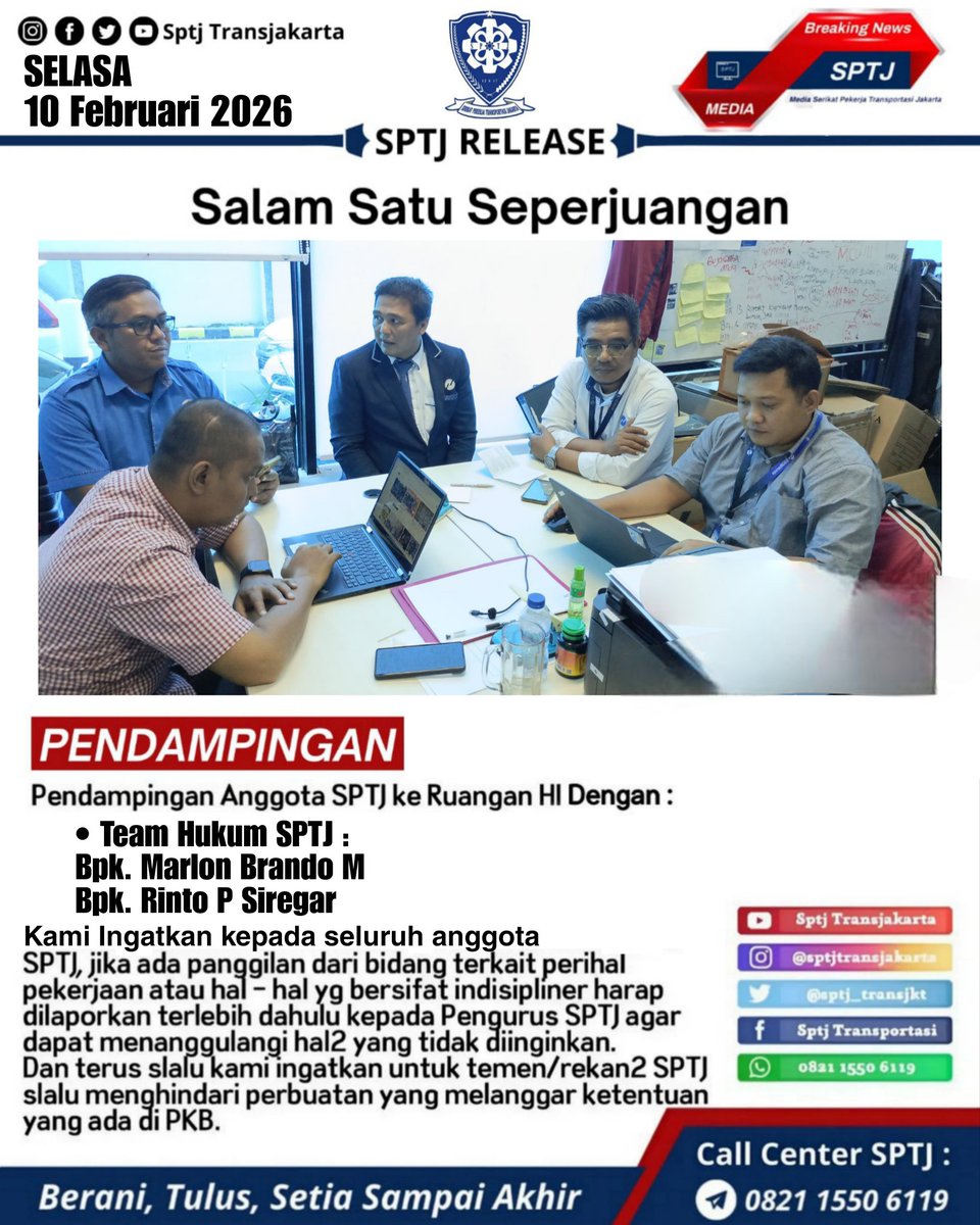 Sptj_transjkt's tweet photo. ** Pendampingan Anggota SPTJ ke Ruangan HI perihal Klarifikasi Displiner bersama : 

• Team Hukum SPTJ :
   Bpk. Marlon Brando M
   Bpk. Rinto P Siregar

Salam hormat 
#DPPSPTJ
#HubunganIndustrialSPTJ
#HumasSPTJ https://t.co/TfJg7eeclL