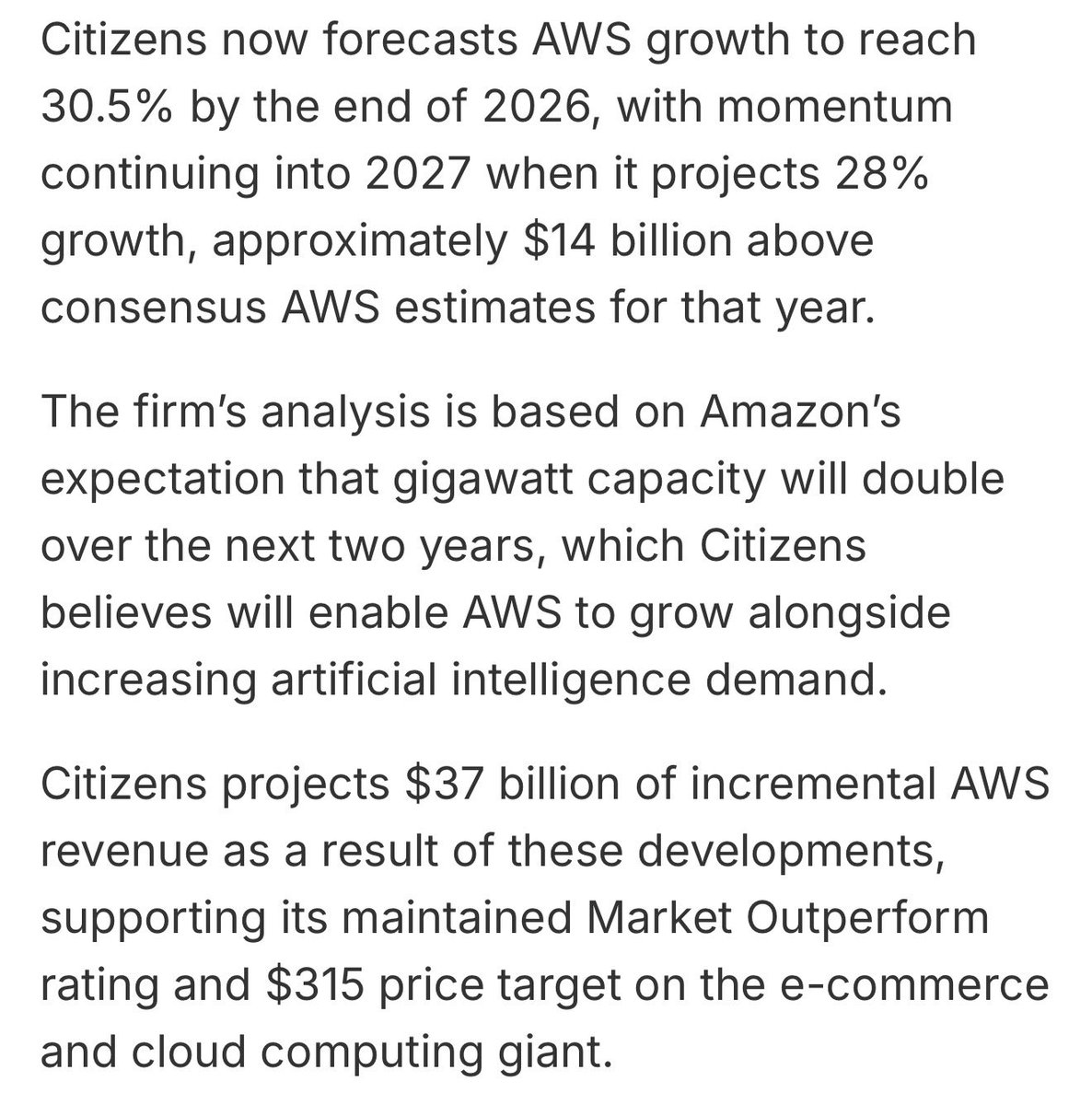 KrisPatel99's tweet image. $AMZN

Citizens bank upgrades $AMZN on the back of accelerating AWS revenue. 

AWS reacceleration to 30%+ for 2026 

Price target of $315