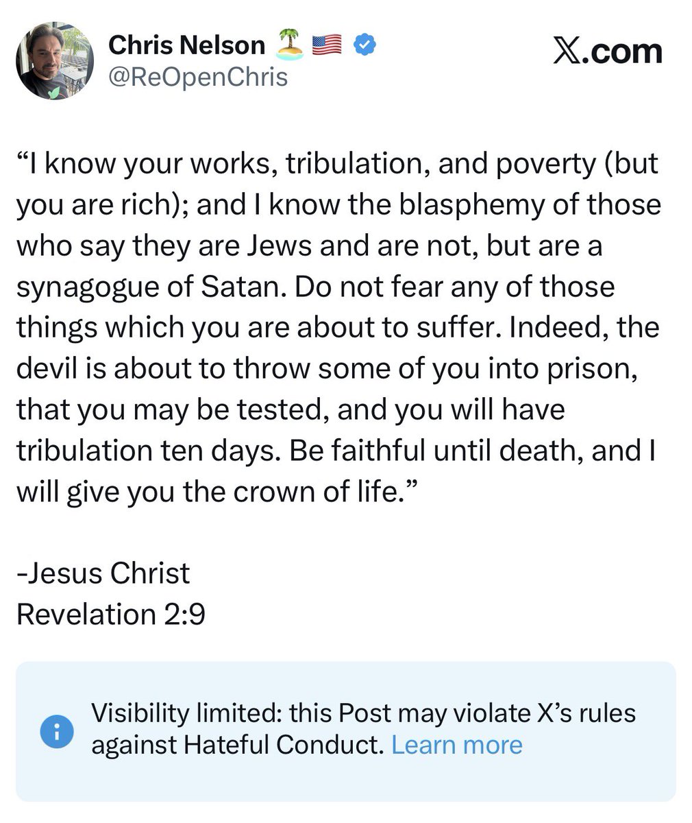 🚨 <a href="/X/">X</a> is censoring the words of Jesus Christ and calling them “hateful”.

<a href="/SethDillon/">Seth Dillon</a> what say you Mr. Free Speech warrior?
