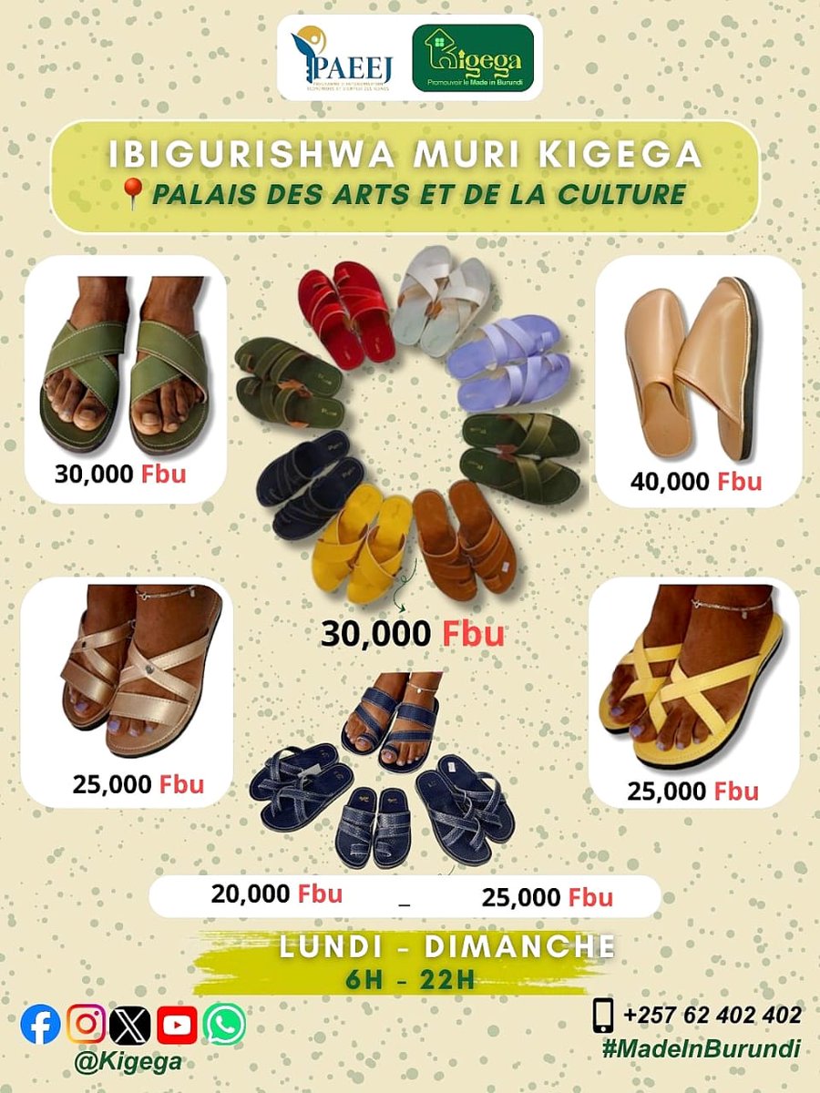 Kigega_'s tweet image. 🤩 Udu "sandales" twiza ku Bagabo n'Abakenyezi, turi kuri "Palais des Arts" mu @Kigega_

👌 Akabara wipfuza urakaronka!

#MadeInBurundi #Burundi #crafting