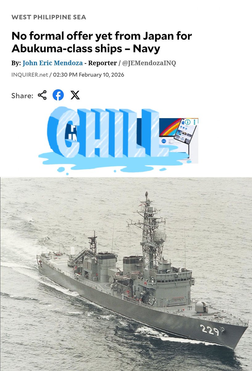 Udah koar koar mau dikasih Abukuma class, ternyata ditawarin juga belum cuk baru diajak jalan jalan doang buat ngeliat2

"Martinez clarified that so far, Tokyo has only invited officials to conduct a joint visual inspection of the used destroyer escorts"

inquirer.net/467185/no-form…