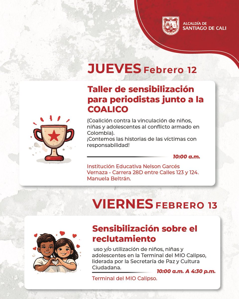 BienestarSociaI's tweet image. 🗓️ Te invitamos a que te programes con todas nuestras actividades del 10 al 13 de febrero y a que tú también te pintes la mano de rojo.

#AsíRecuperamosCali ¡Firmes en nuestro compromiso con la niñez! 👦🏾👧🏻✨