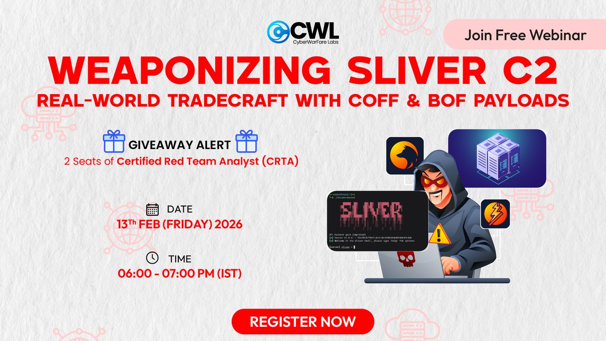 cyberwarfarelab's tweet photo. 🎁Free webinar & CRTA seats giveaway. Dive deep into Sliver C2 weaponization with COFF & BOF payloads — no theory, just execution.
⏳ Seats filling fast — register now: https://t.co/lhPGnOaovQ
🧑🏻💻Joining Link: https://t.co/PUJOeqry6V
#RedTeamTraining #Webinar #CWL https://t.co/zNvyjGeErr