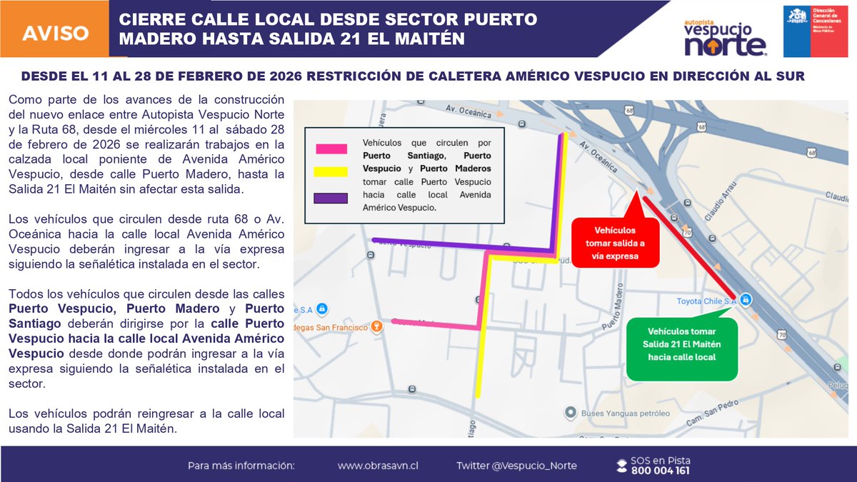 Vespucio_Norte's tweet photo. 🚧Hasta el SAB 28 de Febrero

Corte de Tránsito Calle Local Poniente de #VespucioNorte , entre #PuertoMadero y Salida 21 #ElMaiten , por Obras de Cuartas Pistas.

#Atención a la señalización del lugar
@mop_chile @Ruta68cl @TTISantiago @RadioCarab https://t.co/seUPZzhJKu