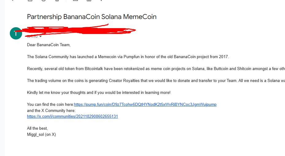 miggl_sol's tweet photo. I have sent an Email to the BananaCoin info email and also reached out to the old team via Telegram (i have a contact from 2017)

Will keep everyone posted here

D9z7Tcohw6DQtHYNodK2t5xWvRiBYNCoc3JgmWujpump https://t.co/HJWhnGhSKG