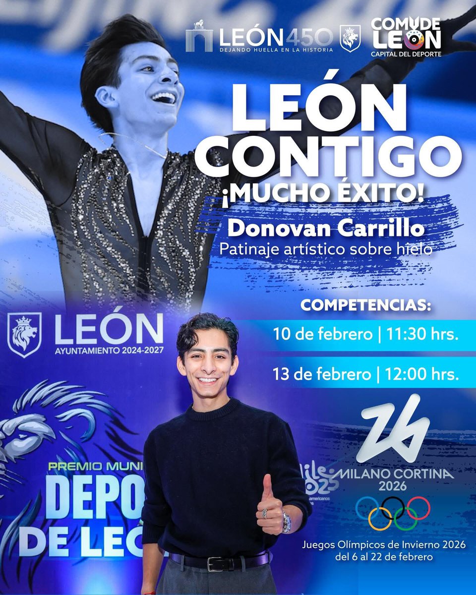 ¡Hoy es el día, es momento de apoyar a Donovan Carrillo 🇲🇽 en los Juegos Olímpicos de Invierno Milano Cortina 2026, en punto de las 11:30 horas inicia su participación en el programa corto del patinaje artístico ⛸️, vamos Donovan! 

#SomosLeón #CapitalDelDeporte