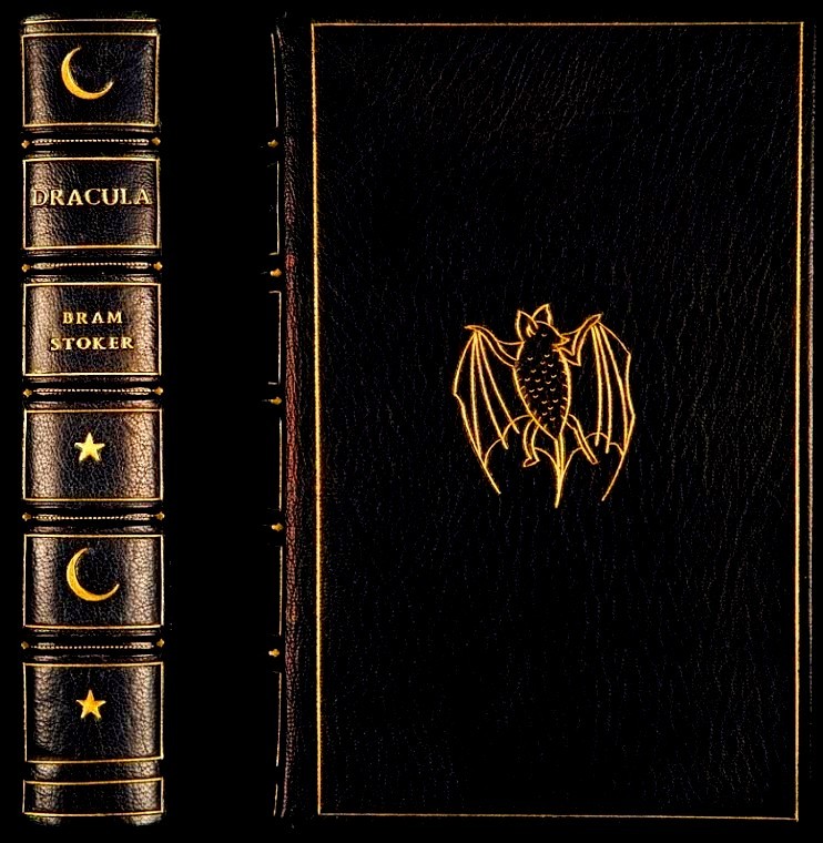 Dracula (First Edition). Author: Bram Stoker. Date: 1897 (Text), 20th Century (Binding). Publisher: Archibald Constable and Company, Westminster. Medium: Black leather with gold tooling and bat motifs; rebound.

While drafting the novel, Bram Stoker initially gave his main
