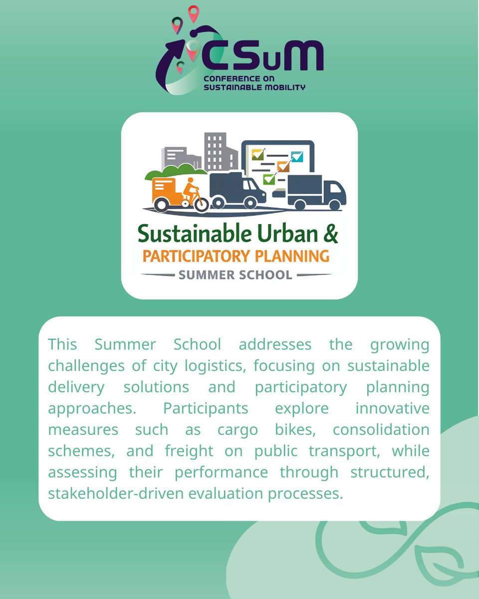 csum_conference's tweet photo. We are pleased to announce two international Summer Schools, organized alongside CSuM2026, focusing on key contemporary challenges in sustainable urban development, mobility, and planning.

More information &amp; details: https://t.co/uBnX3CZT9P https://t.co/N4Xf8LWDcL