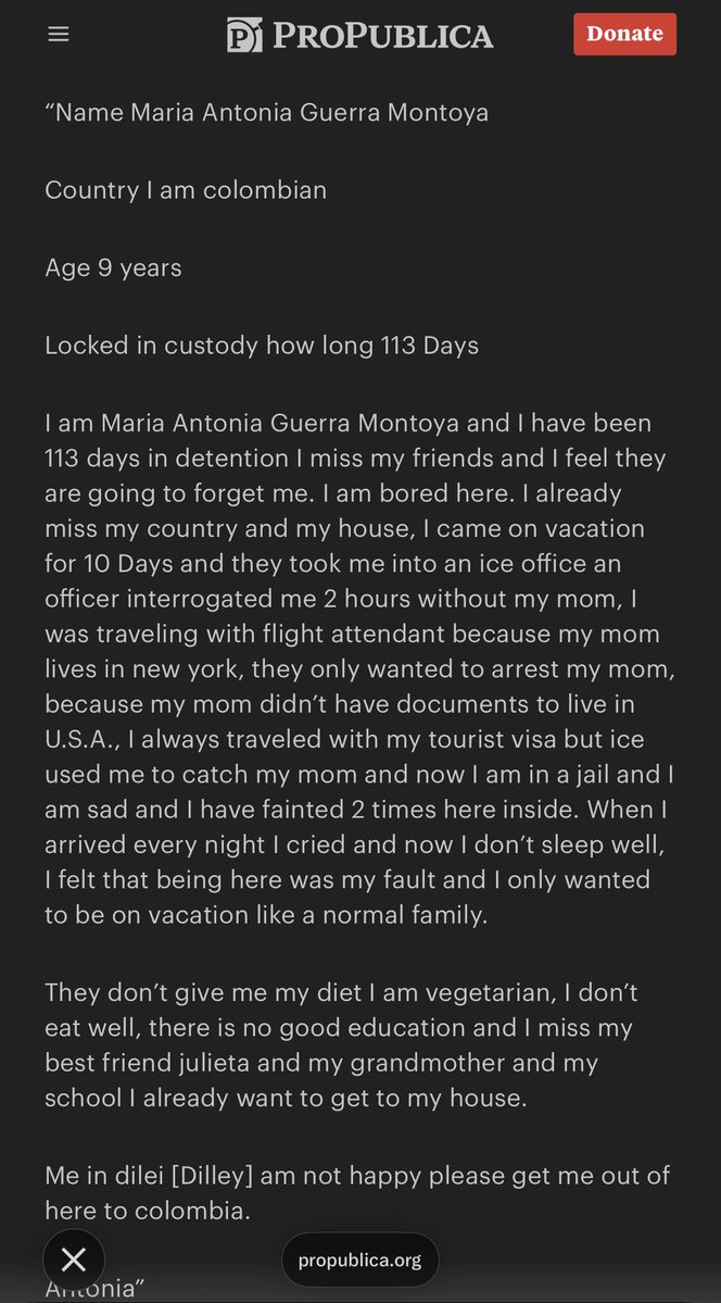 ICE encarceló a una niña colombiana de 9 años, que viajaba con una visa de turista válida, para atrapar a su mamá que reside en Nueva York. 
113 días encarcelada cuando iba a ir a Disney a pasar sus vacaciones soñadas. <a href="/CancilleriaCol/">Cancillería Colombia</a> feb hacer lo posible por su liberación.