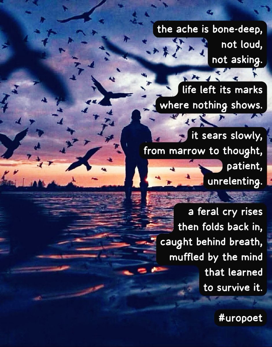 optionurol's tweet image. the #ache is #bone-deep,
not loud,
not asking.

life left its marks
where nothing shows.

it sears slowly,
from marrow to thought,
patient,
unrelenting.

a feral cry rises
then folds back in,
caught behind breath,
muffled by the mind
that learned
to survive it.

#vss365 #life