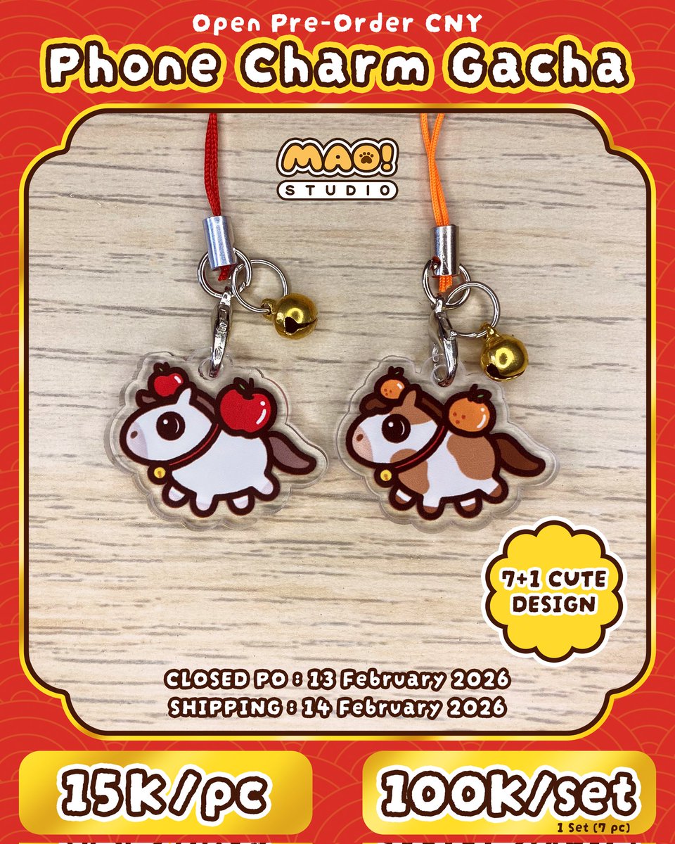 MAOStudioID's tweet photo. 🐴✨ Phone Charm Gacha - Year of Horse ✨🐴

🗓️ Open PO : 10 - 13 Februari 2026
💌 Shipping : 14 Februari 2026

💰 PRICE :
• Rp.15.000 / pc ( GACHA )
• Rp.100.000 / set (7 pc) - SECRET Rate Up! 👀✨

Untuk Pemesanan boleh melalui DM / WhatsApp MAO yaaa ☎️

#CNY2026 #Imlek2026 https://t.co/ZWSDMUeviq