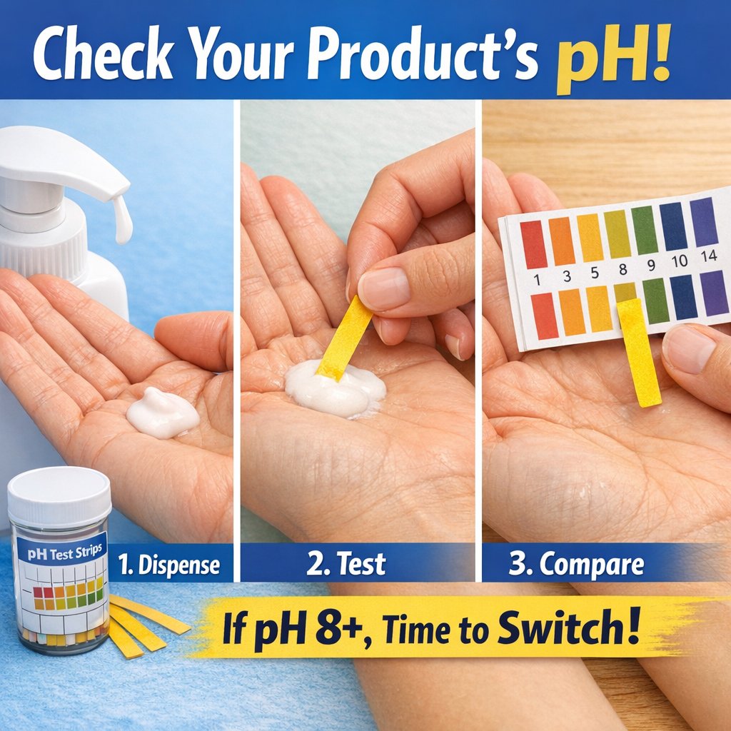 KenkoNav's tweet photo. How to check product pH:
Buy pH test strips.

Test your products:
• Dispense small amount
• Touch strip to product
• Compare color to chart

If your cleanser is pH 8+, switch it. https://t.co/gT74Qg5QW5