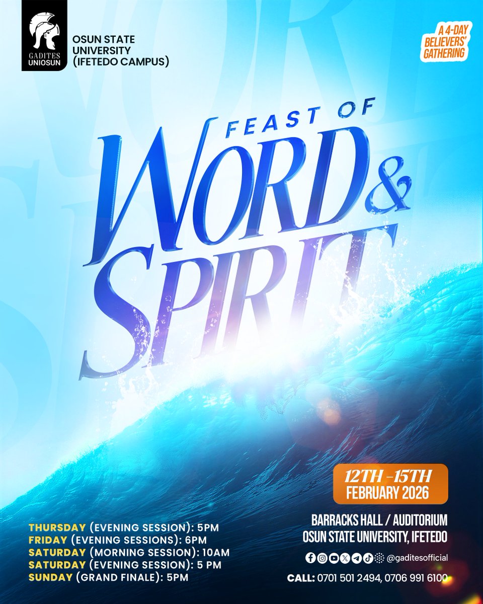 GaditesOfficial's tweet photo. SPREAD THE NEWS ALL OVER IFETEDO! 🎉

Gadites will be having a 4-day Feast of Word &amp; Spirit at Osun State University (Ifetedo Campus), from Thursday, 12th to Sunday, 15th February, 2026. https://t.co/t9wxcO9ziA