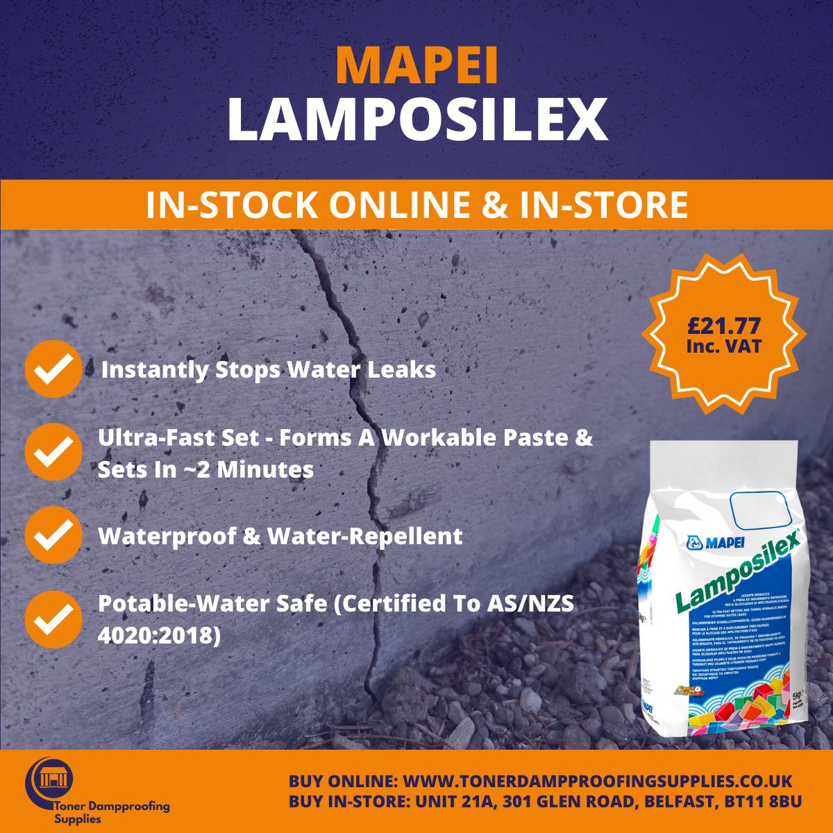 Got an active water leak that needs stopped now? ✅

MAPEI LAMPOSILEX is a rapid-setting hydraulic binder for instant plugging of leaks, even water under pressure. Mix with water to a stiff paste and it sets in around 2 minutes.