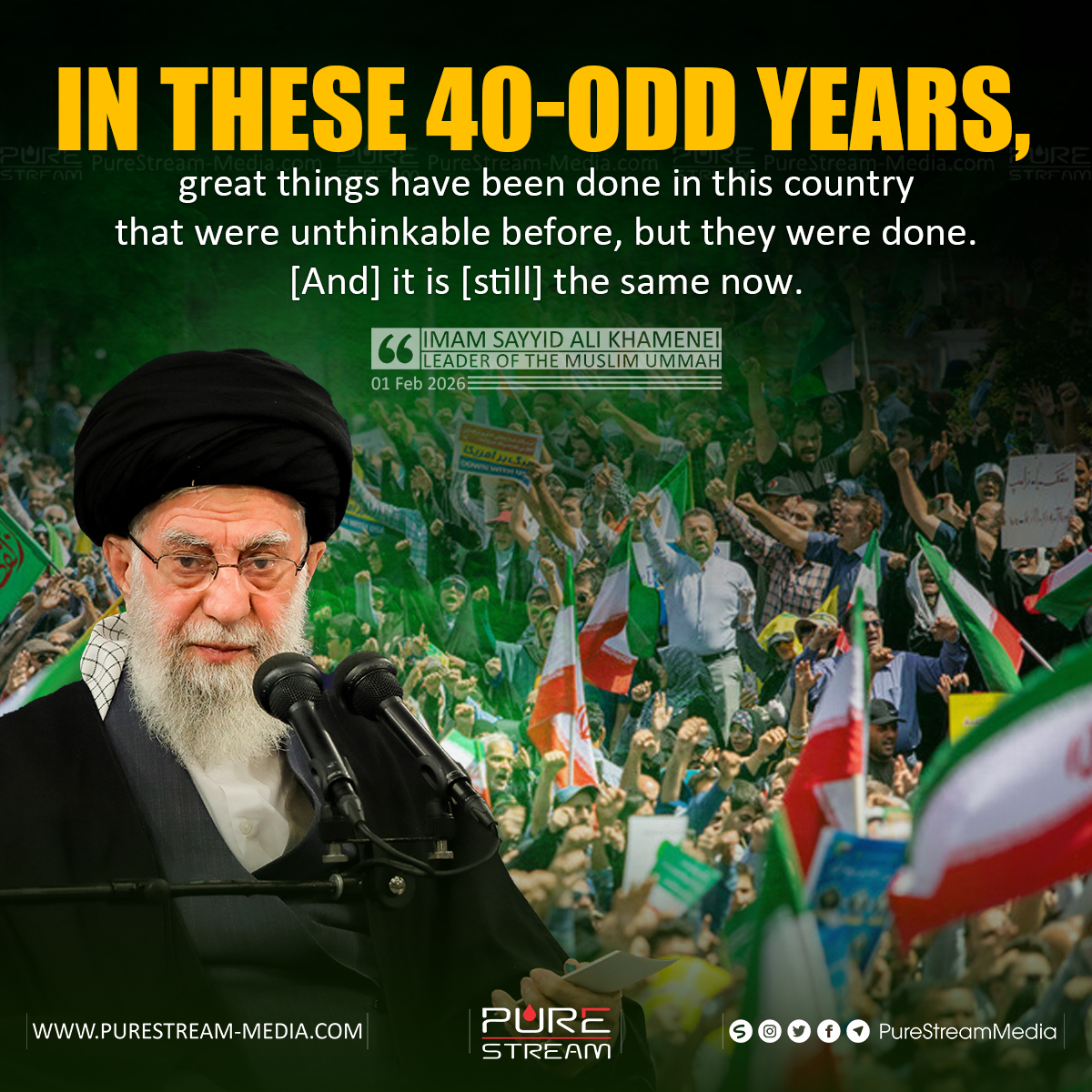 PureStream02's tweet image. “In these 40-odd years, great things have been done in this country that were unthinkable before, but they were done. [And] it is [still] the same now." 

#ImamKhamenei #Khamenei #IslamicRevolution #IslamicRepublic #IslamicIran #Iran #22Bahman