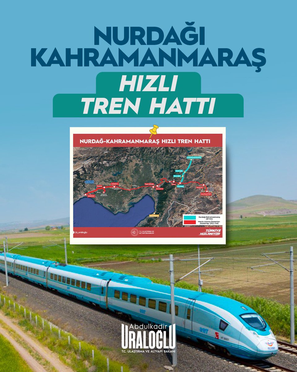 🛤️ Nurdağı-Kahramanmaraş Hızlı Tren Hattı bağlantısıyla Kahramanmaraş’ı, Doğu Akdeniz limanlarına ve ana ticaret koridorlarına entegre edeceğiz.

🚄 Toplam 49 km uzunluğundaki bu hatla hem yolcu hem yük taşımacılığında büyük bir kapasite artışı sağlayacağız.

🚀 Saatte 200 km