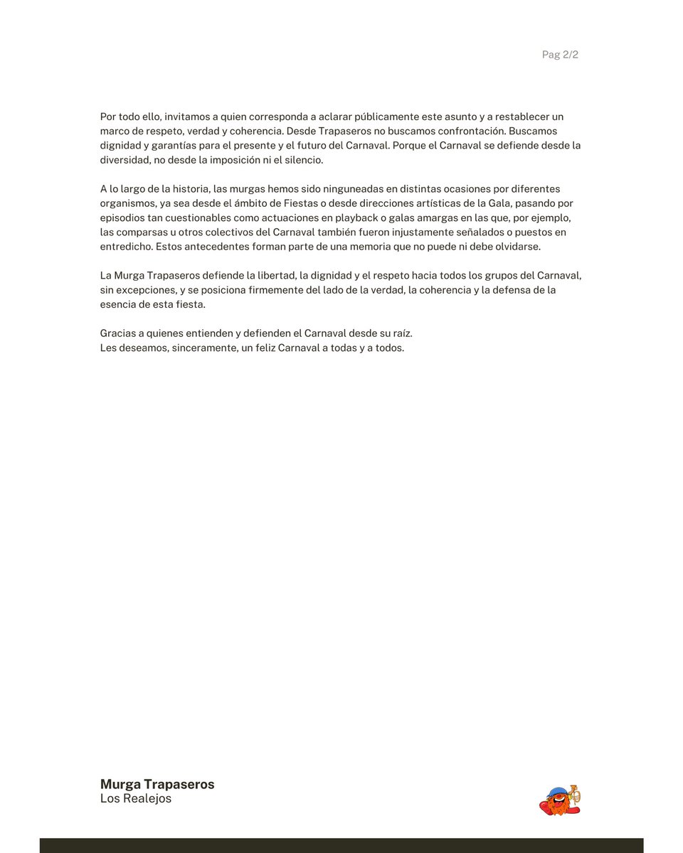 COMUNICADO OFICIAL DE LA ASOCIACIÓN CULTURAL MURGA TRAPASEROS.

- Los Realejos, 10 de febrero de 2026.