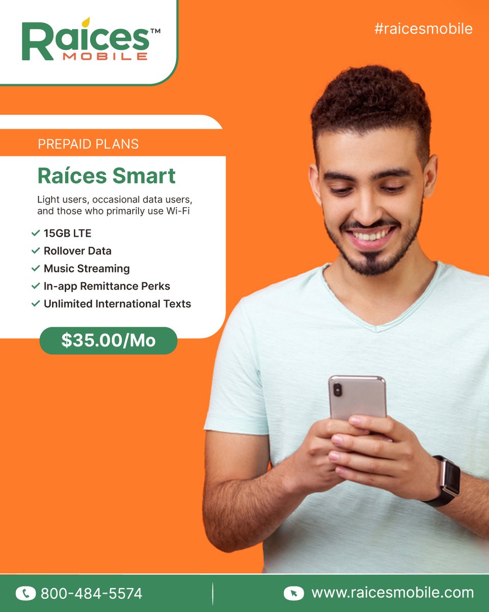 RaicesMobile's tweet image. Smart value for everyday connection.
Raíces Smart #PrepaidPlan is perfect for light users—15GB LTE, #rolloverdata, #musicstreaming &amp;amp; #unlimitedinternationaltexts, all for just $35/month.
👉raicesmobile.com |800-484-5574
#RaicesMobile #SmartValue #StayConnected #MobileBank