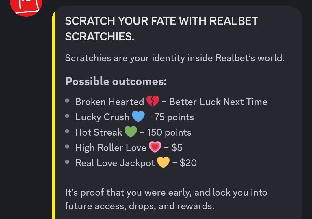 0xgodzubby's tweet photo. don't skip this if you love fun, easy and instantly rewarding tasks
@Realbet's scratchies campaign just went live!
It's a fun game you'll want to participate in to get some special perks
here's how to go about it:
→ join discord: https://t.co/BrEkvzx3Fr
→ head to #scratchie channel and follow the two accounts.
→ the bot will automatically generate your scratchie
→ post it on X and tag them to get another free scratch
check the image for the various roles and the perks that come with some of them.
for every 25 friends you invite to the server, you earn a free scratch.
p.s I got the least role on my first scratch. better luck next time, haha
start NOW ↓