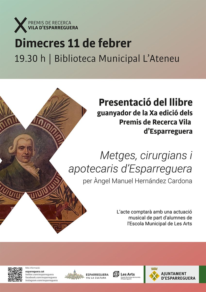 juanmah's tweet photo. Presentació del llibre: "Metges, cirurgians i apotecaris d’Esparreguera" per Àngel Manuel Hernández Cardona.

Dimecres 11 de febrer, a les 19.30 h. Sala d'actes de la Biblioteca Municipal L'Ateneu d'Esparreguera (Plaça Antoni Nin i Escudé, 1).

https://t.co/WcrPrSN5WN https://t.co/FZDSiTpZHT