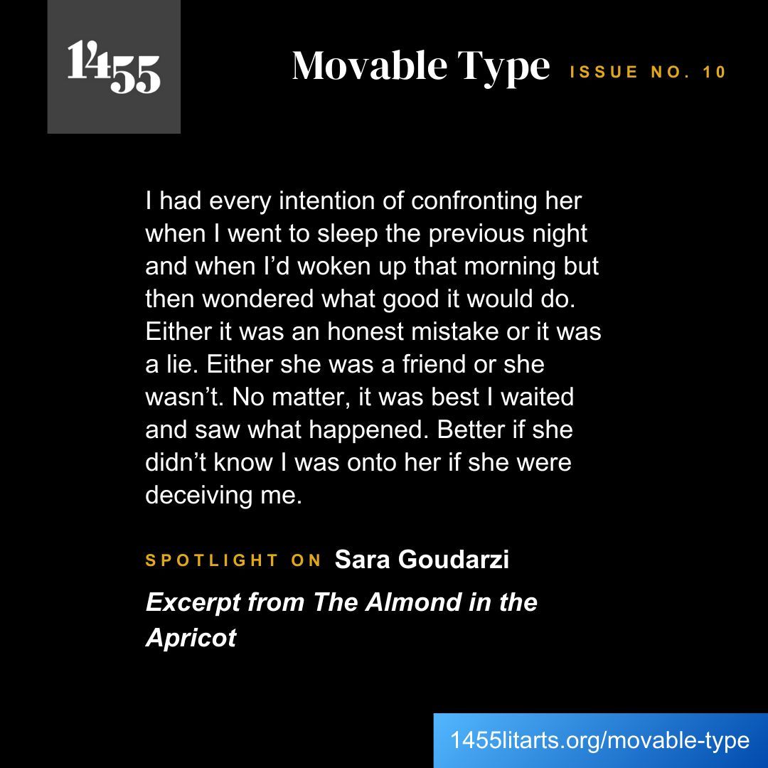 1455LitArts's tweet photo. Spotlight on Sara Goudarzi in Movable Type Issue No. 10
Movable Type is always seeking poets, authors, musicians, and visual artists to submit their work to be featured in future issues.
Visit https://t.co/JeoSJnGt9g to learn more
#1455movabletype #author #writer #art #artist https://t.co/9JC5zwgwBN
