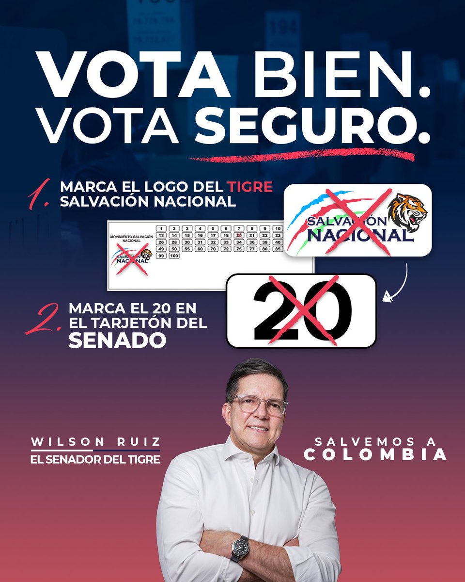 WilsonRuizO's tweet image. Vota bien. Vota seguro.
Si queremos recuperar a Colombia, no podemos equivocarnos.

👉 Marca el logo del Tigre – Salvación Nacional
👉 Marca el 20 en el tarjetón del Senado

Wilson Ruiz, #ElSenadorDelTigre .
Carácter, justicia y autoridad para Colombia. 🇨🇴🐯
#20…
