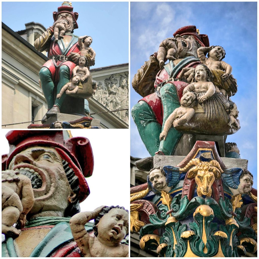 Çocuk Yiyen Çeşmesi / İsviçre 
(Kindlifresserbrunnen)

Bu heykel Bern'in (İsviçre) kalbinde hâlâ duruyor. 1545 yılında yapılmış.

Heykelin şapkası, Yahudilerin giymeye zorlandığı sarı sivri uçlu şapkadır (Judenhut).

Orta Çağ'da yaygın olan ve Yahudilerin çocukları kaçırıp