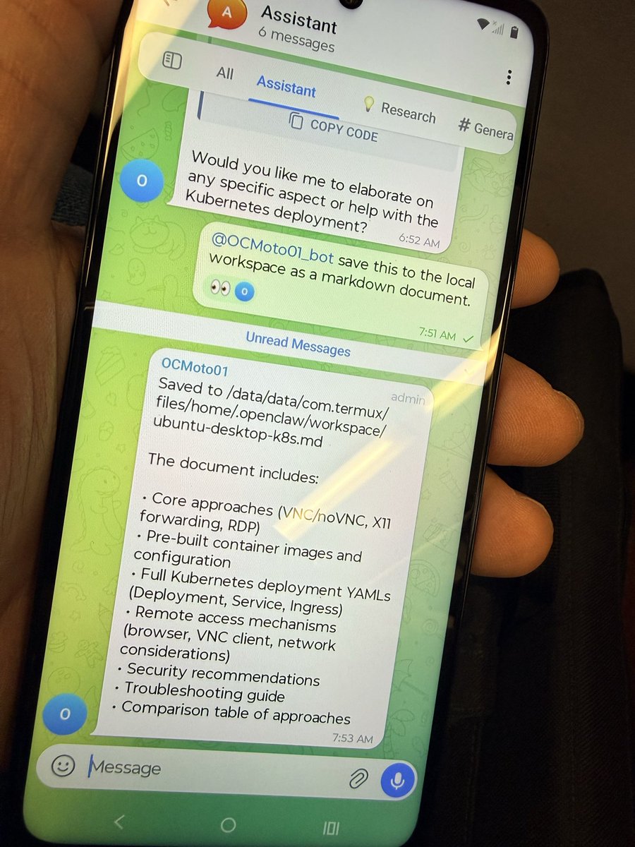 RichardGinsberg's tweet photo. 🤯Mindblowing. I’m on a train going 70mph. Android in my left hand, iPhone on the right. Android tethered &amp; running #OpenClaw in Termux. I give instructions via telegram and it completes the job and saves its work on the phone. My data center and intelligence is portable. $30 🤑 https://t.co/S2ho1aW08N