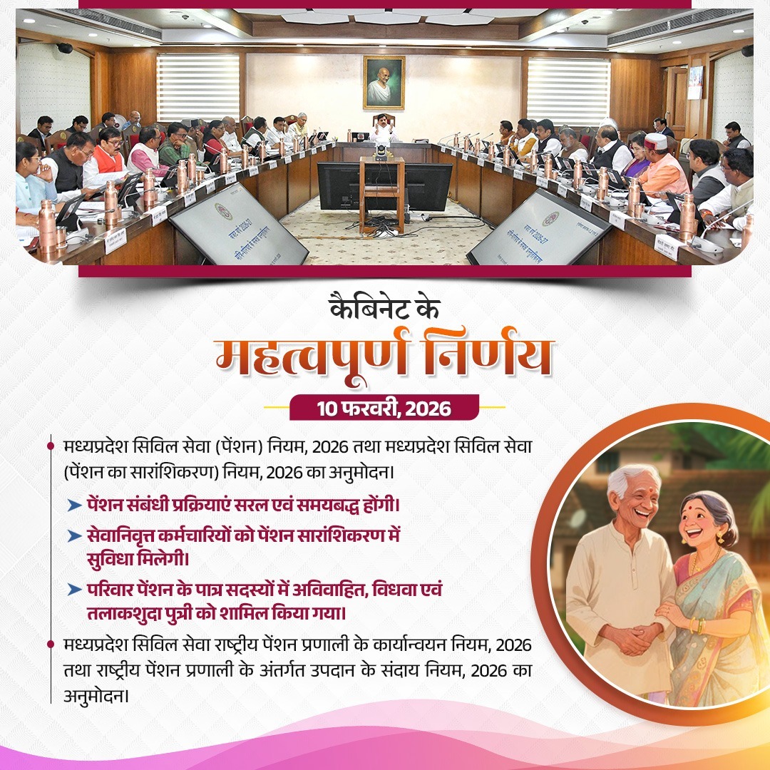 मध्यप्रदेश सरकार ने सिविल सेवा पेंशन नियम, 2026 तथा पेंशन सारांशीकरण नियम, 2026 को मंजूरी दी है।
अब पेंशन संबंधी प्रक्रियाएं और सरल, पारदर्शी एवं समयबद्ध होंगी। सेवानिवृत्त कर्मचारियों को पेंशन सारांशीकरण में नई सुविधाएं भी प्रदान की जाएंगी।
परिवार पेंशन के पात्र सदस्यों में अब