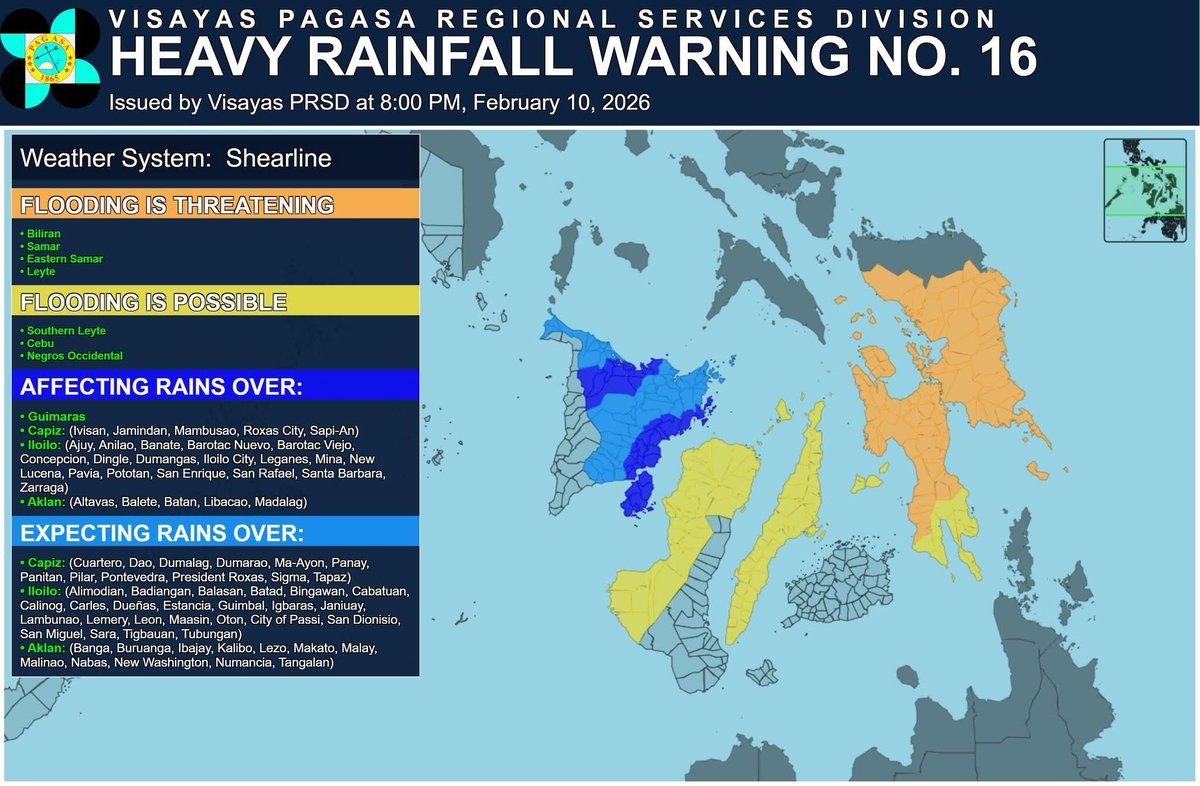 ABSCBNNews's tweet photo. PAGASA HEAVY RAINFALL WARNING #ShearLine
8PM, February 10, 2026
🟠 ORANGE LEVEL
• Eastern Samar
• Samar
• Biliran
• Leyte
🟡 YELLOW LEVEL
• Southern Leyte
• Cebu
• Negros Occidental
⚠️Widespread and serious flooding and landslides remain likely in these areas. #WeatherPatrol | via @arielrojasPH