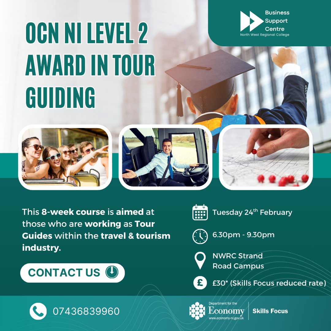 nwrc_bsc's tweet photo. Are you working as a tour guide?  Improve your skills with our 8-week Tour Guiding course beginning Tuesday 24th February @nwrc_college

Reduced funding available for SMEs &amp; Social Enterprises with less than 250 employees!

To register your interest, email BSCSkills@nwrc.ac.uk https://t.co/UKsJIPvIMy