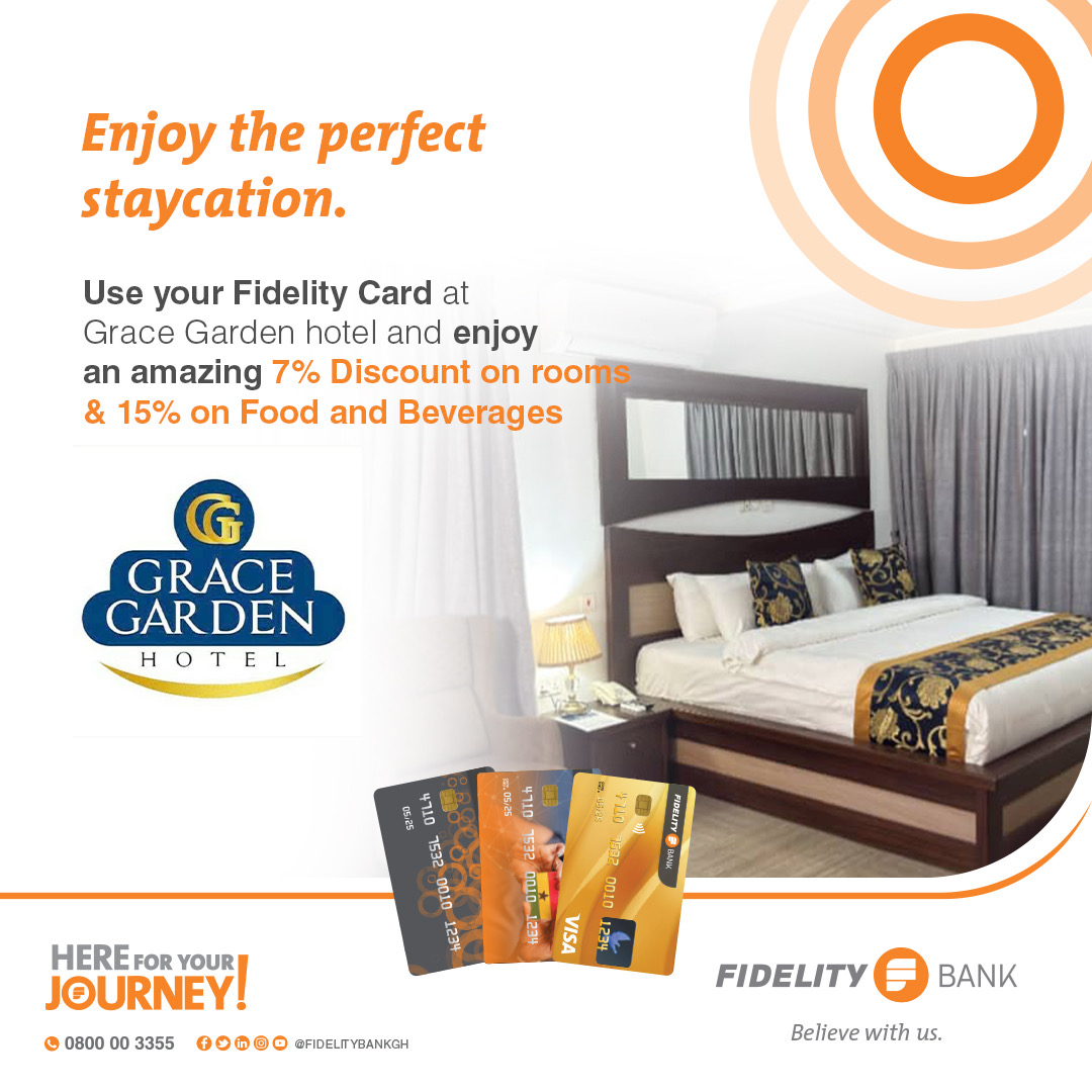 fidelitybankgh's tweet photo. Turn your next staycation into a little reward.
Use your Fidelity Card at Grace Garden Hotel and enjoy exclusive discounts on rooms, food and beverages; because relaxing should come with extra benefits.
#LoveIsOrange #FidelityCards #HereForYourJourney #BelieveWithUs https://t.co/64sNrRmZnr