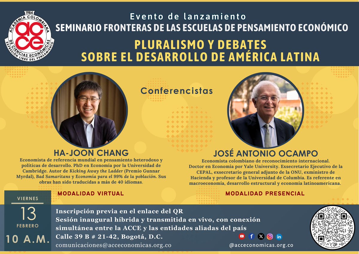 No te pierdas el eento inaugural del Seminario Fronteras de las Escuelas de Pensamiento Económico, organizado por la Academia Colombiana de Ciencias Económicas, que se realizará el viernes 13 de febrero de 2026, a las 10: 00 a.m. en la Calle 39 B # 21-42.